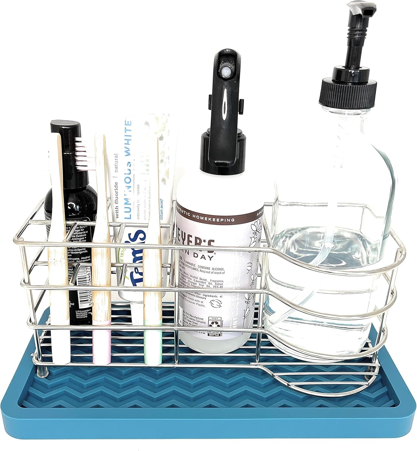 Happitasa Silicone Kitchen Sink Organizer Tray - Sponge Holder and Countertop Protector | Versatile Soap Dish and Dispenser Tray for Bathroom and Kitchen (Grey, 10" x 5.25", 10.3 Ounces, Zigzag Design)