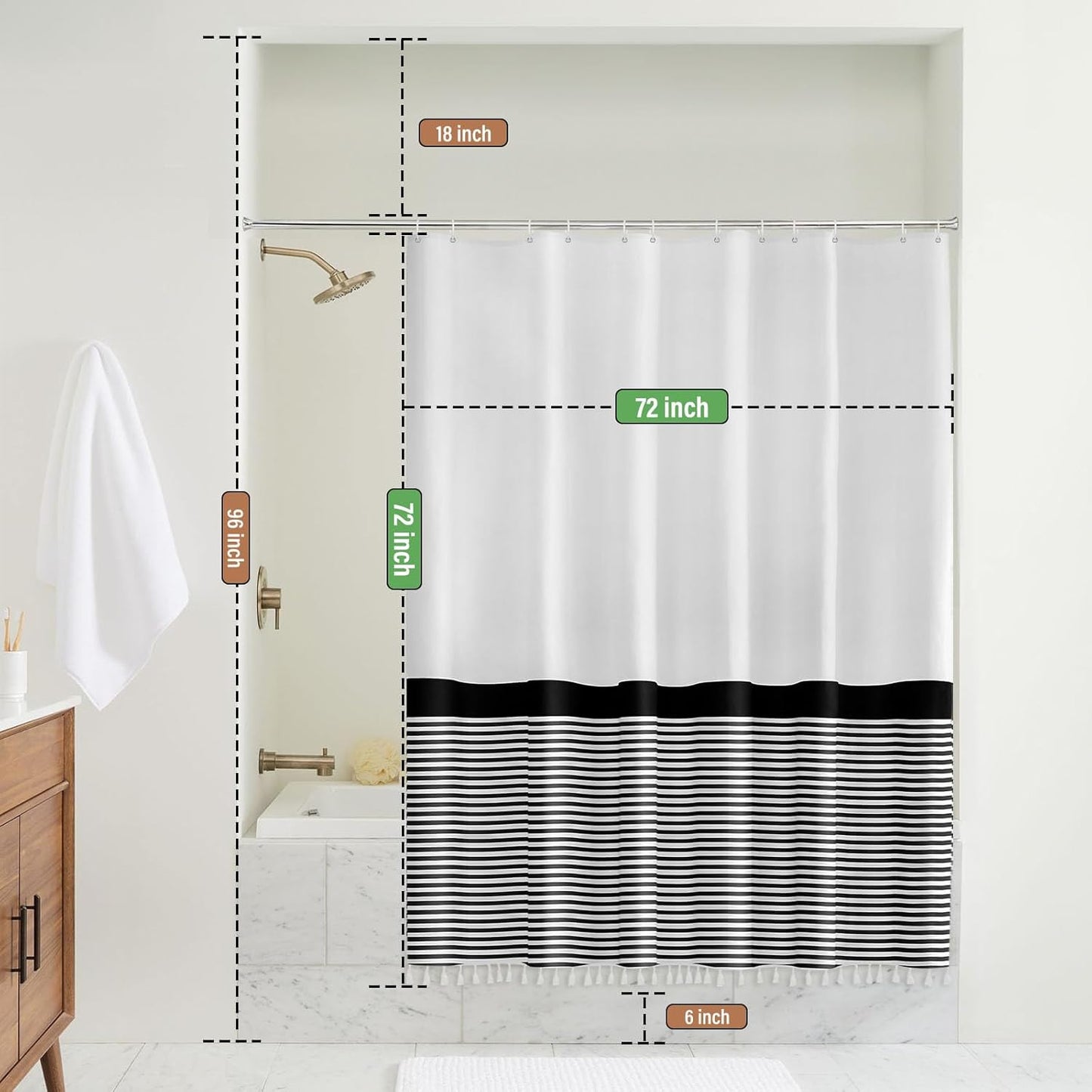 Black and White Shower Curtain Striped with Tassels for Bathroom Decor,Heavy Weighted 72-Inch, 72 X 72