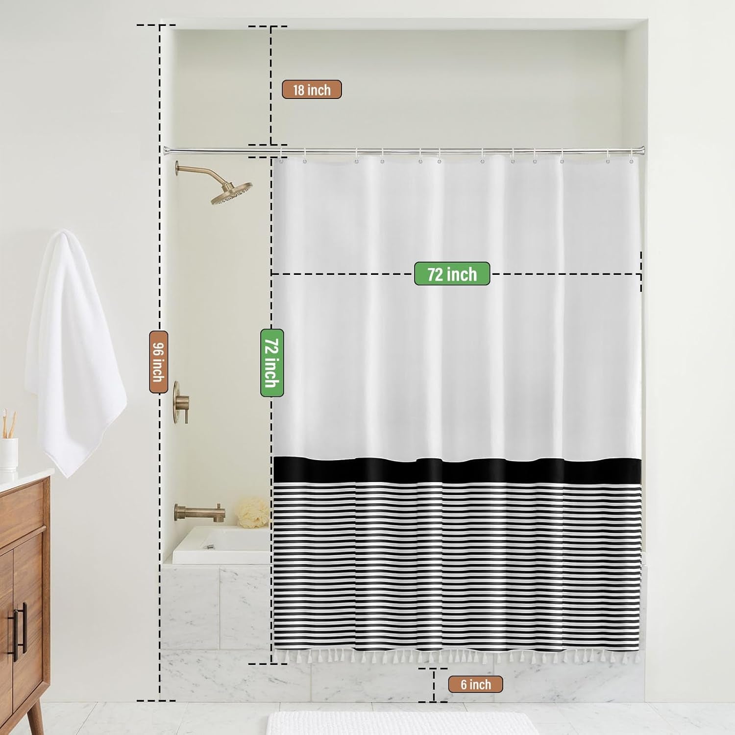 Black and White Shower Curtain Striped with Tassels for Bathroom Decor,Heavy Weighted 72-Inch, 72 X 72