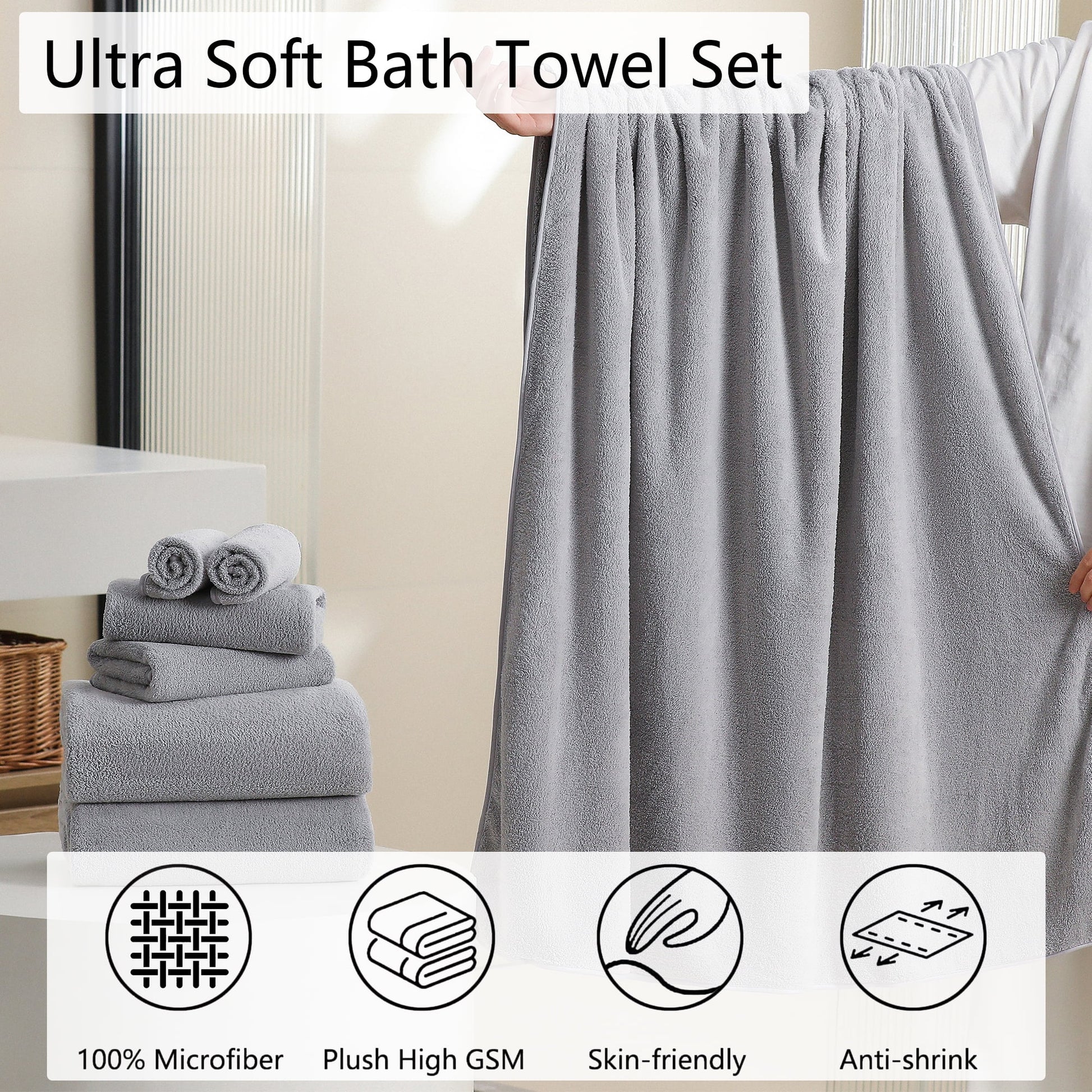 4 Pack Oversized Bath Sheet Towels 700 GSM Ultra Soft Light Gray Bath Towel Set