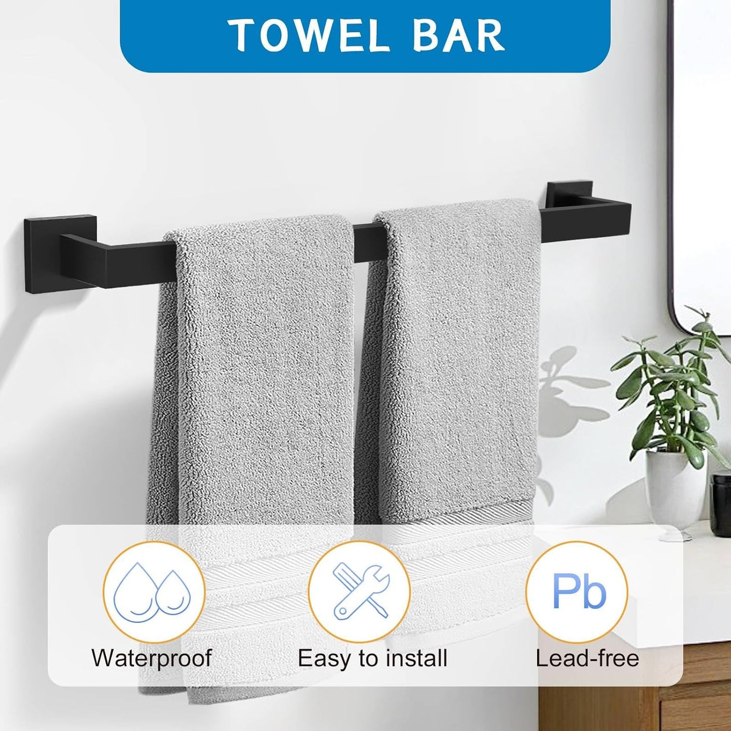 5 Pieces Bathroom Hardware Accessories Set Black Towel Bar Set Towel Holder Racks Set for Bathroom,Sus304 Stainless Steel,Wall Mounted 23.6-Inch