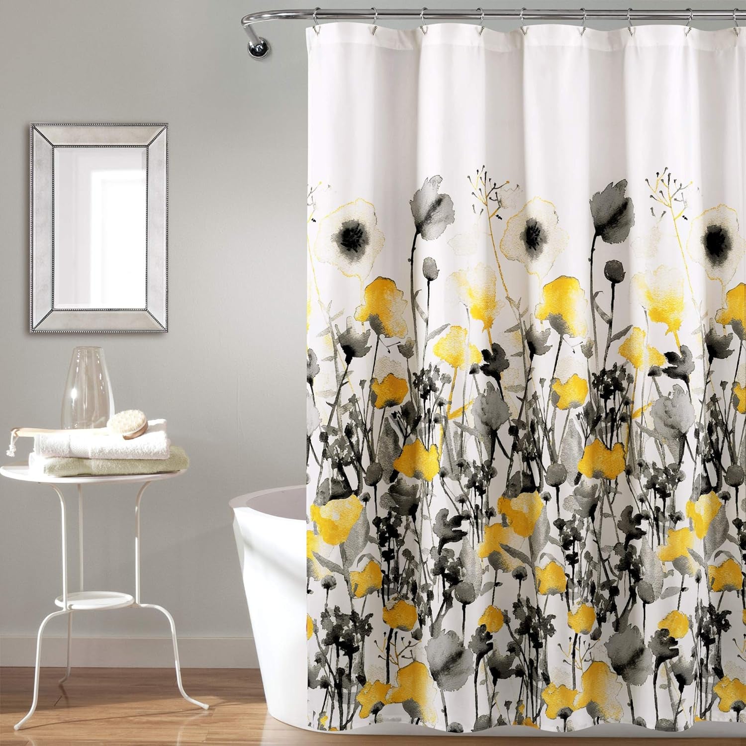 , Yellow and Gray Zuri Flora Shower Curtain-Fabric Watercolor Floral Print Design, 72" X 72", 72" X 72