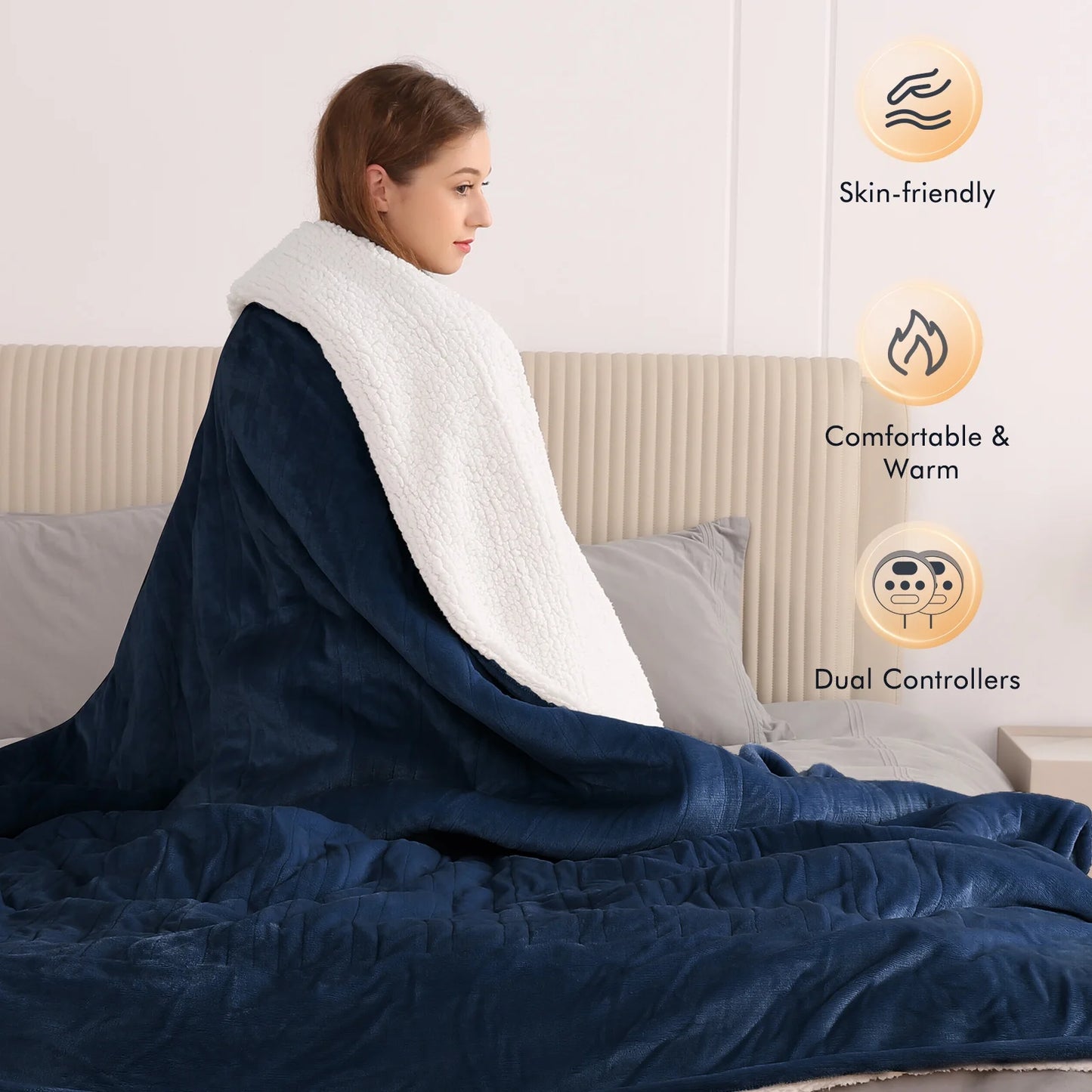 Electric Heated Blanket King Size 90''X100'', Fast Heating with Dual Controllers, 10 Heating Levels, 10H Timers, Preheat Function - Dark Blue