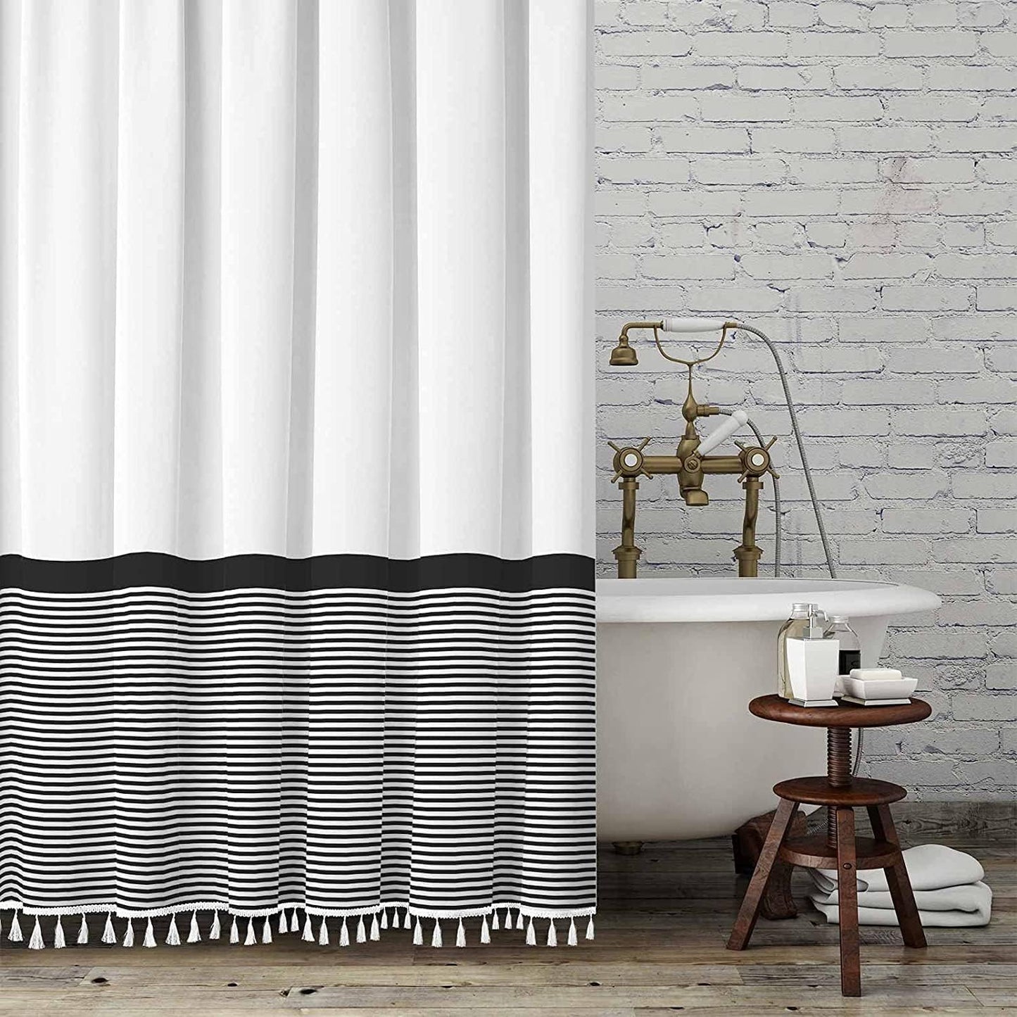 Black and White Shower Curtain Striped with Tassels for Bathroom Decor,Heavy Weighted 72-Inch, 72 X 72
