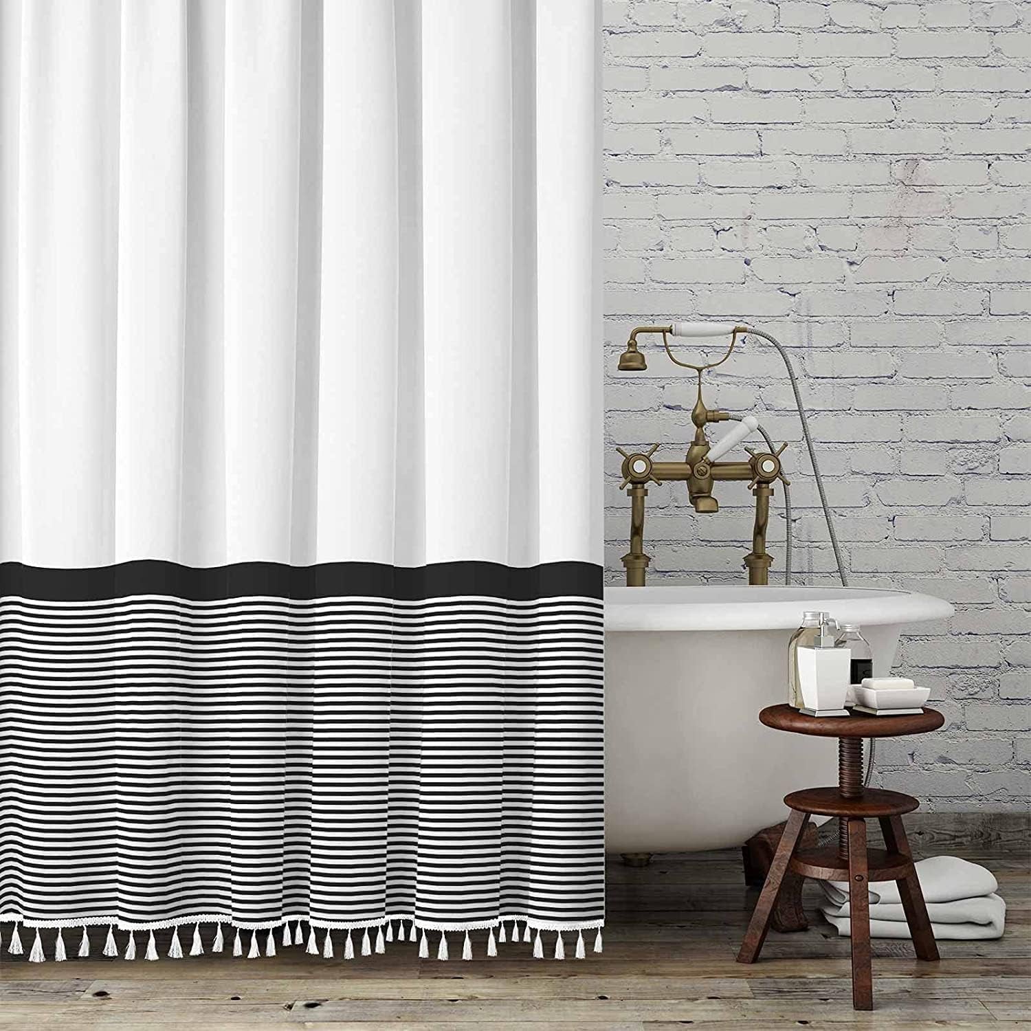 Black and White Shower Curtain Striped with Tassels for Bathroom Decor,Heavy Weighted 72-Inch, 72 X 72