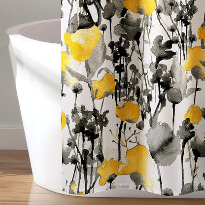 , Yellow and Gray Zuri Flora Shower Curtain-Fabric Watercolor Floral Print Design, 72" X 72", 72" X 72