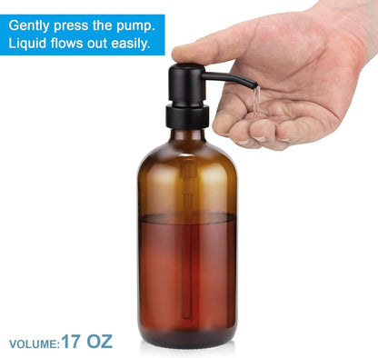Amber Glass Soap Dispenser, 2 Pack Soap Dispenser Set with Stainless Steel Pump, Vintage Liquid Brown Soap Dispensers Bottle, 17 Oz Dish Soap and Hand Soap Dispensers for Bathroom Kitchen