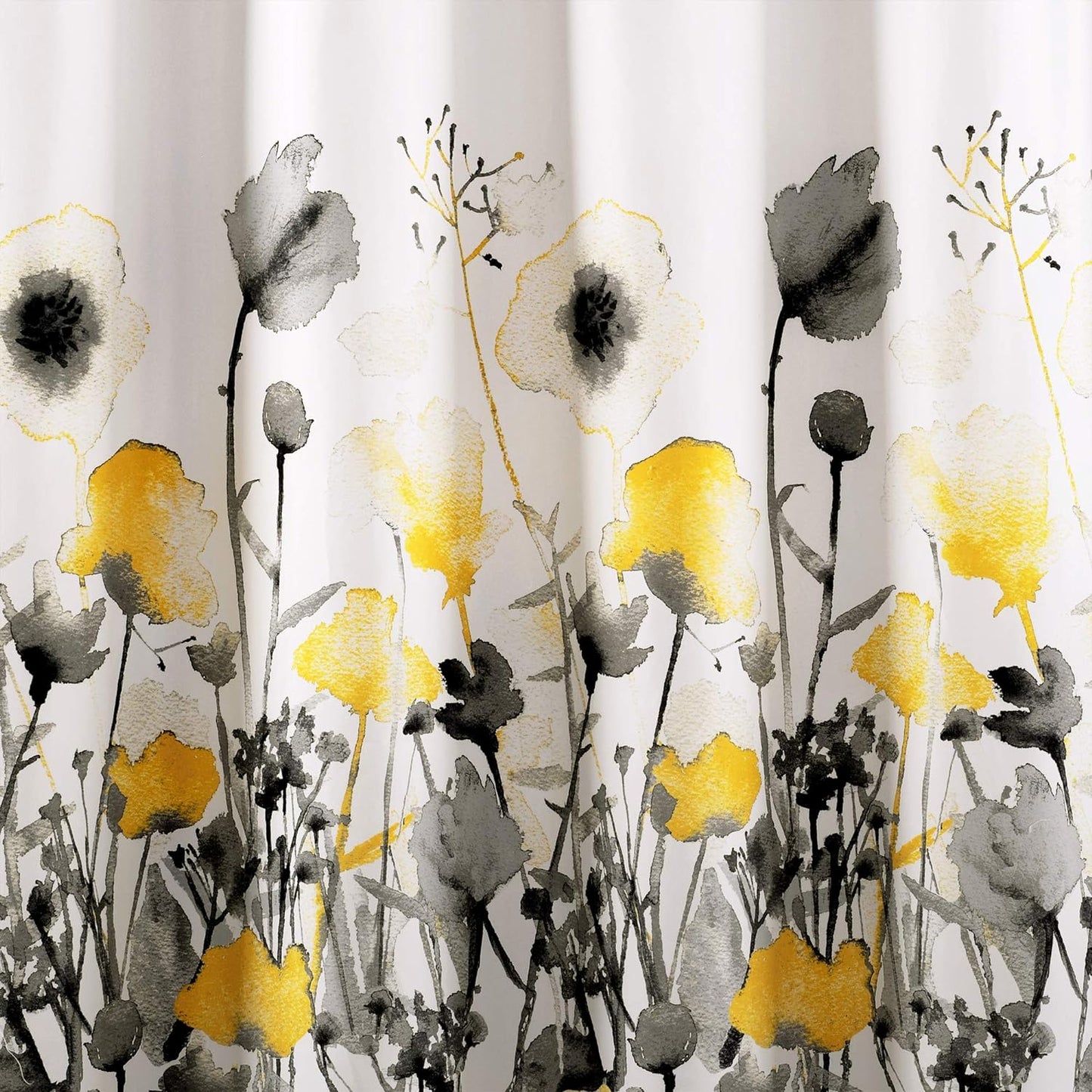 , Yellow and Gray Zuri Flora Shower Curtain-Fabric Watercolor Floral Print Design, 72" X 72", 72" X 72