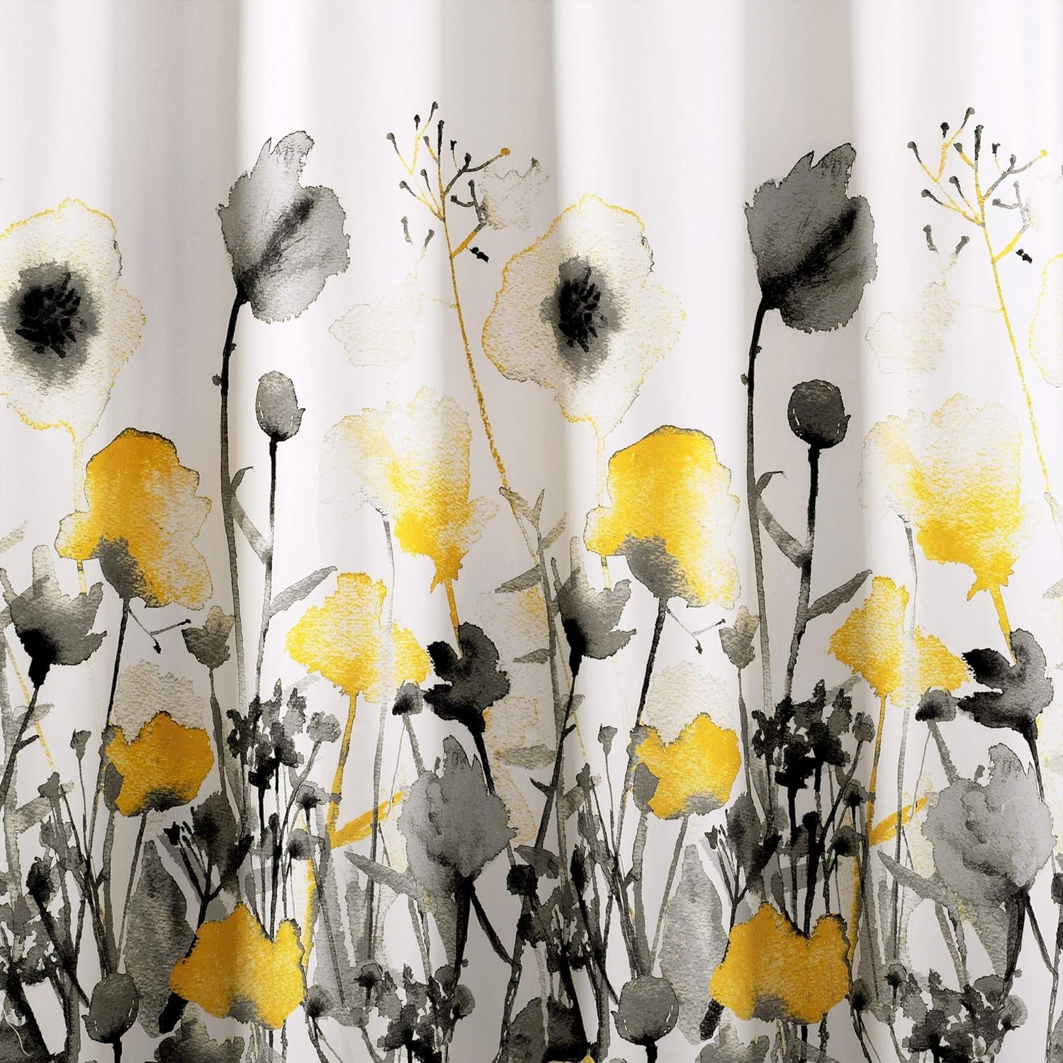 , Yellow and Gray Zuri Flora Shower Curtain-Fabric Watercolor Floral Print Design, 72" X 72", 72" X 72