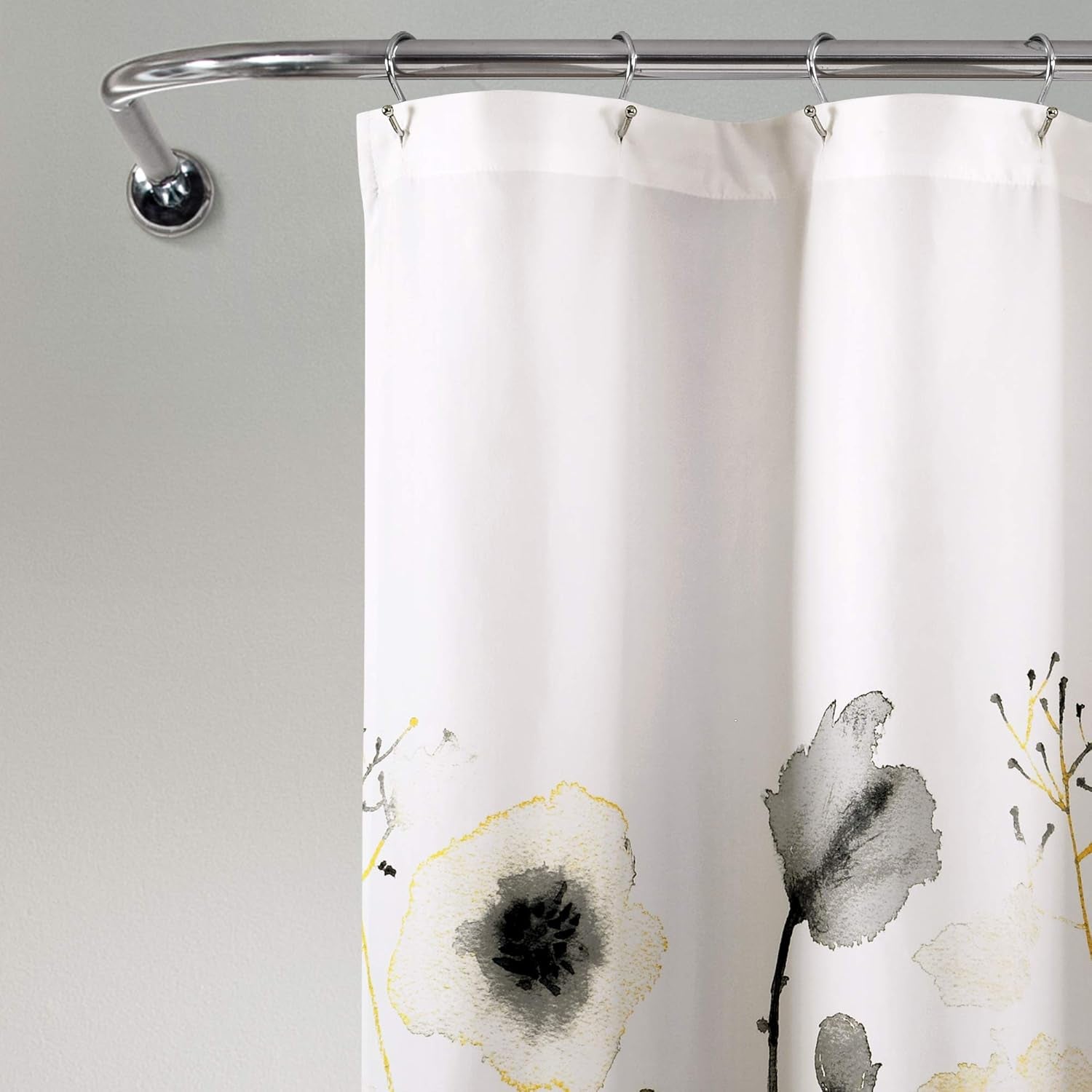 , Yellow and Gray Zuri Flora Shower Curtain-Fabric Watercolor Floral Print Design, 72" X 72", 72" X 72