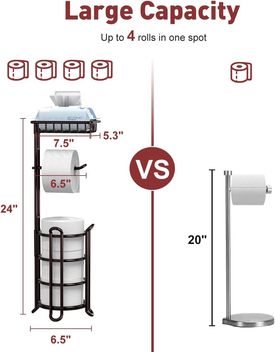 Toilet Paper Holder Stand Tissue Paper Roll Dispenser with Shelf for Bathroom Storage Holds Reserve Mega Rolls-Bronze