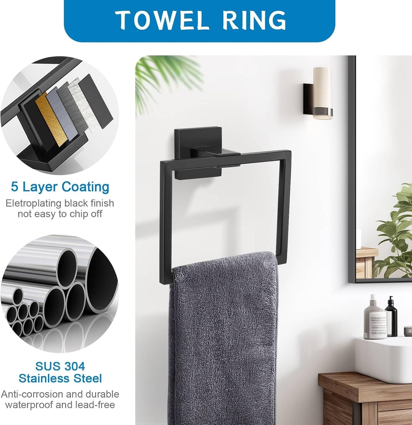 5 Pieces Bathroom Hardware Accessories Set Black Towel Bar Set Towel Holder Racks Set for Bathroom,Sus304 Stainless Steel,Wall Mounted 23.6-Inch