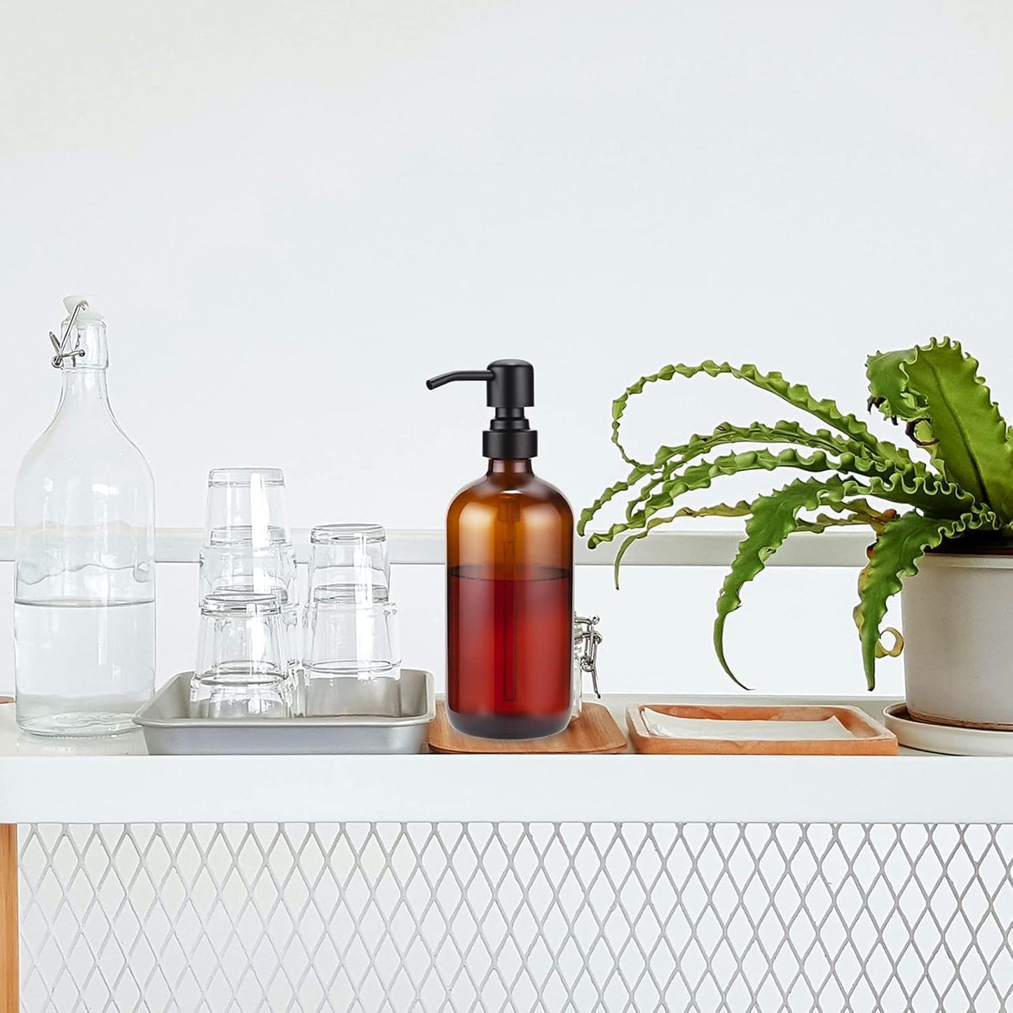 Amber Glass Soap Dispenser, 2 Pack Soap Dispenser Set with Stainless Steel Pump, Vintage Liquid Brown Soap Dispensers Bottle, 17 Oz Dish Soap and Hand Soap Dispensers for Bathroom Kitchen