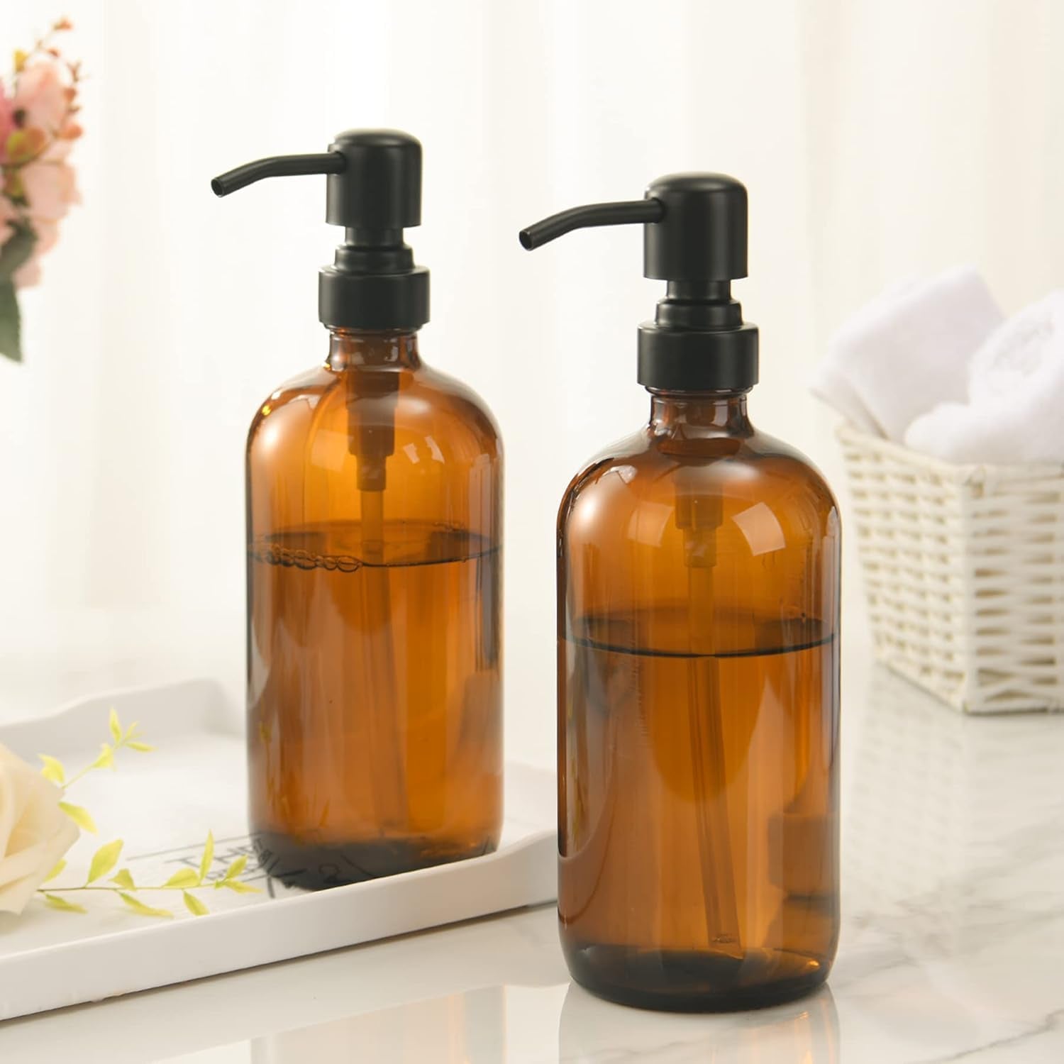 Amber Glass Soap Dispenser, 2 Pack Soap Dispenser Set with Stainless Steel Pump, Vintage Liquid Brown Soap Dispensers Bottle, 17 Oz Dish Soap and Hand Soap Dispensers for Bathroom Kitchen