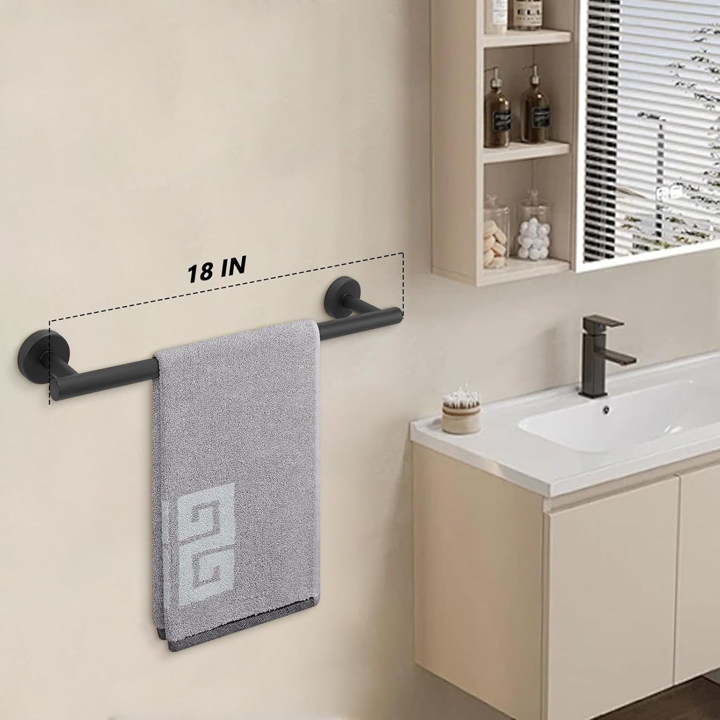 Bath Towel Bar, Thicken Stainless Steel Shower Towel Rack Holder Wall Mounted for Bathroom,18-Lnch Overall Length-16-Lnch Usable Hanging Space (1 Pack, Matte Black)